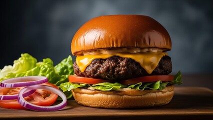 Mouthwatering Burger with Cheese, Lettuce, Tomato, and Onion Rings on Wooden Board