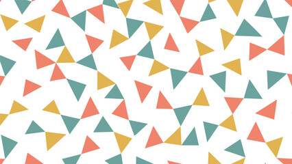 Seamless abstract pattern with colorful randomly scattered triangles in coral, teal, and mustard yellow on a clean white background.