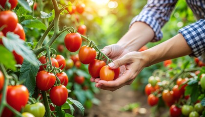 A farmer's hands carefully harvesting a bunch of fresh, ripe red tomatoes from the vine in a sunlit greenhouse