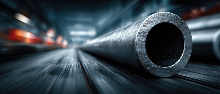 Close-up of Steel Pipe in Industrial Setting with Motion Blur Effect