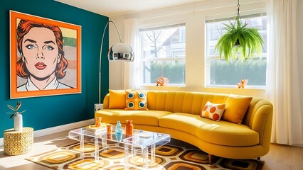 Bright living room with a yellow curved sofa, pop art portrait, and natural light from windows.