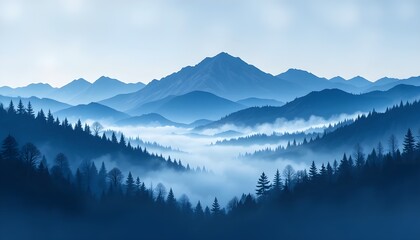 Flat Blue Monochrome Mountain Landscape Vector with Foggy Hills and Abstract Panoramic Nature Background