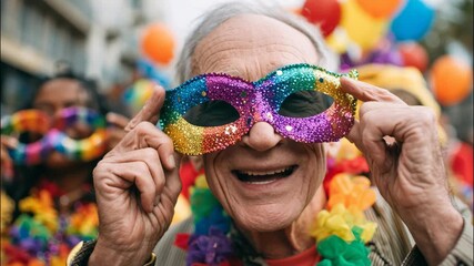 Elderly man smiling and wearing colorful mask at Mardi Gras parade  