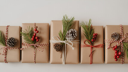 Festive wrapped gifts adorned with rustic charm, perfect for holiday promotions and seasonal greetings, evoke warmth and joy with these presents
