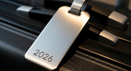 Silver luggage tag engraved with the year 2026 attached to a black suitcase zipper