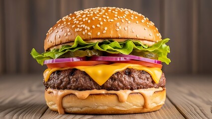 Juicy Burger with Melted Cheese and Fresh Vegetables on Wooden Table