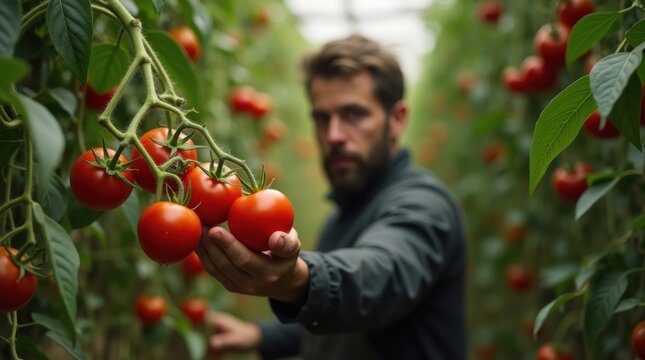 Farmer proudly holding ripe red tomatoes in a greenhouse - Powered by Adobe