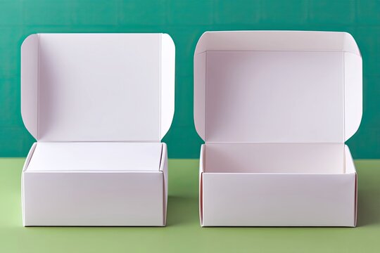Two open white boxes are displayed on a green surface against a green background.