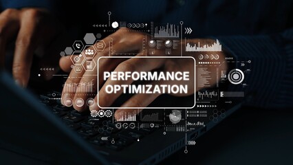Hands Typing on a Keyboard with Performance Optimization Concept and Digital Analytics Graphics Overlay. Asymptotic smart data analytic.