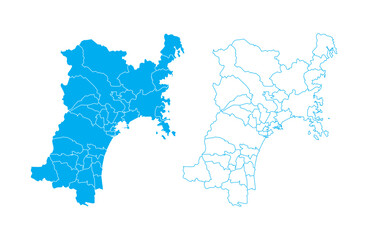 Miyagi prefecture map Japan blue silhouette and outline with municipality borders