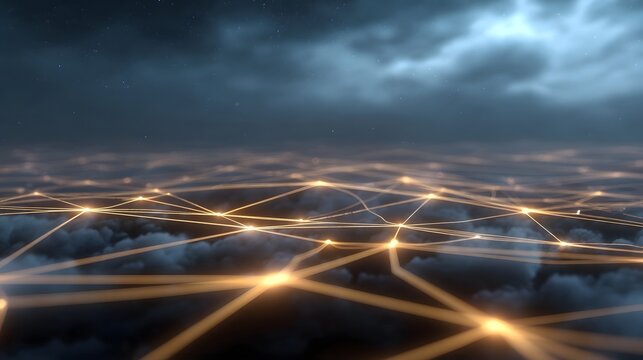 A luminous interconnected digital network of golden lines glows and stretches across a cloudy night sky filled with stars
