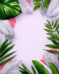 A vibrant botanical arrangement of green, white, and pink leaves, creating a border with copy space in the center, set against a light purple background.