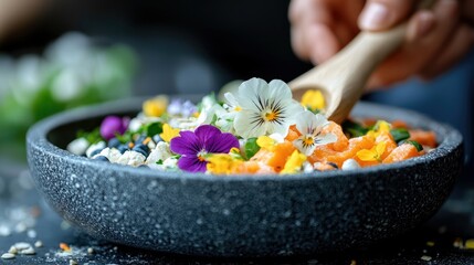 Close-up shot of a bowl of colorful food with edible flowers, being served with a wooden spoon. The food is in a dark gray bowl, and the background is blurred.