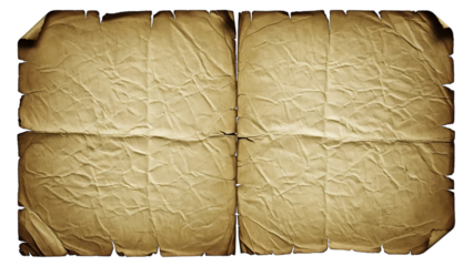 Old folded and crumpled parchment paper texture isolated on white isolated on transparent background