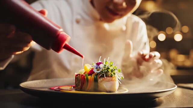 Chef meticulously garnishing a gourmet dish with tweezers and smoke effects.