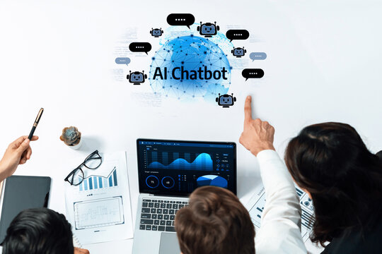 A diverse team is engaged in a collaborative effort to develop an AI chatbot, utilizing data charts and digital tools during a modern business meeting. Trope - Powered by Adobe