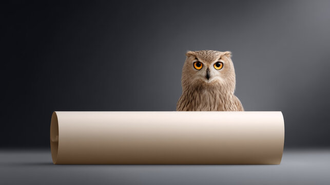 Owl looks curiously at scroll, guarding it with vigilance