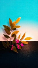 A close-up shot of a branch with green and yellow leaves and pink flowers, set against a textured surface with a gradient background.