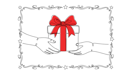 Continuous line drawing of hands exchanging a christmas gift box, big bow on box, minimalist linear style, white background, vector illustration, doodle aesthetic, fluid single stroke, thin border.