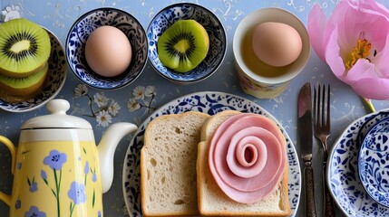 A top-down view of a breakfast table with various food items including kiwi, eggs, toast, and ham arranged with a flower and teapot.
