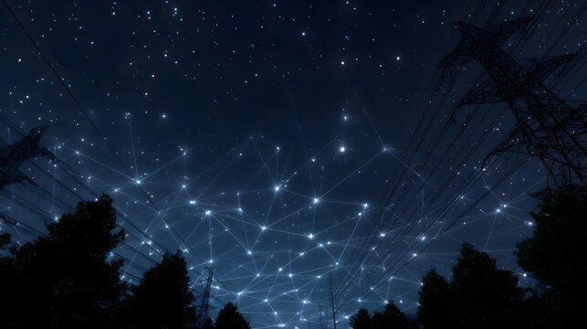 Abstract glowing network connects power lines and towers under a starry night sky - Powered by Adobe