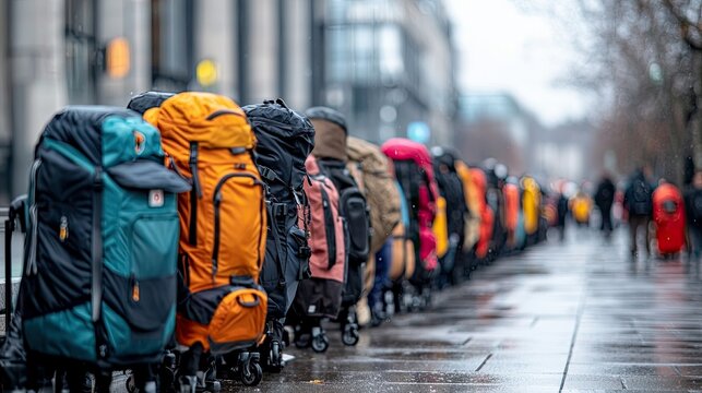 A row of colorful backpacks on wheeled carts are lined up on a wet sidewalk in Berlin, Germany. People are walking in the background on a rainy day.