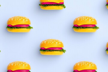 Pattern of burgers with sesame buns, tomato, cheese, and lettuce on a blue background. Food concept.