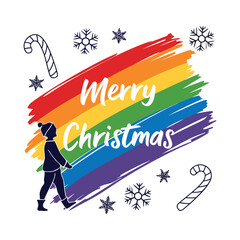 &ldquo;Rainbow brush stroke background with bold white &lsquo;Merry Christmas&rsquo; lettering in center, snowflakes, candy cane stripes, festive modern art style, high-detail vector.&rdquo;