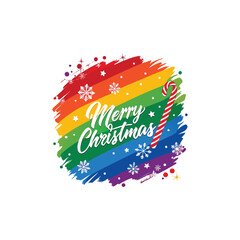 &ldquo;Rainbow brush stroke background with bold white &lsquo;Merry Christmas&rsquo; lettering in center, snowflakes, candy cane stripes, festive modern art style, high-detail vector.&rdquo;