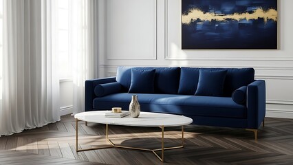 A luxurious living room scene featuring a blue velvet sofa, coffee table, and artwork.