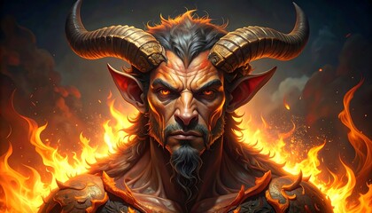 A close-up portrait of a horned demon with intense orange eyes and fiery flames surrounding the creature