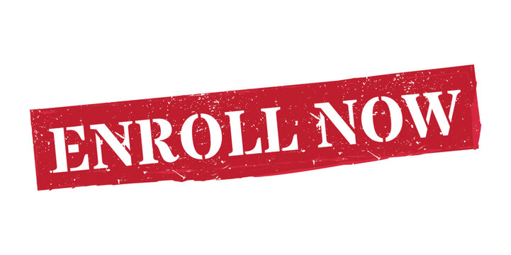Enroll now red solid rectangular grunge rubber stamp vector registration button