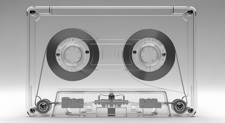 Transparent audio cassette tape with visible reels and internal mechanisms against a neutral background