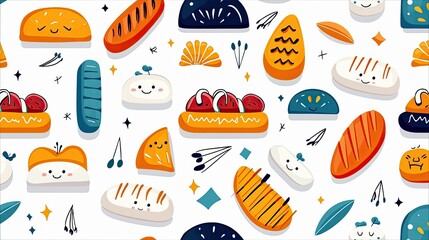 A repeating pattern of various cartoon food items with smiling faces, set against a white background.