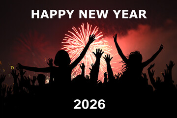 New Year's Eve 2026 celebration, illustration with silhouettes of people celebrating and fireworks in the background