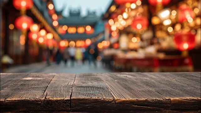 Wooden empty table in foreground with blurred lanterns for Chinese New Year  