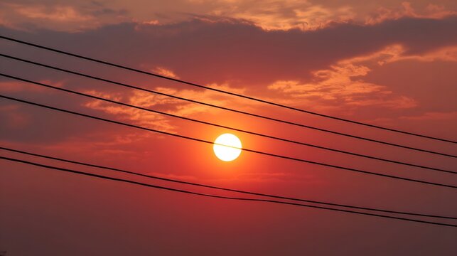 Crimson sunset with silhouetted power lines forming a grid across the vibrant cloud streaked sky