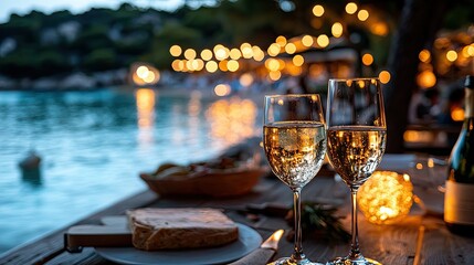 Two champagne glasses filled with sparkling wine sit on a wooden table with food, overlooking a beach at dusk. Fairy lights illuminate the background.