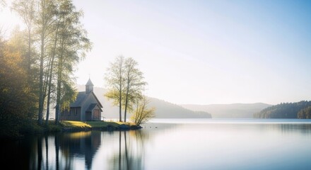 A small wooden chapel sits on the shore of a calm lake, surrounded by trees and mountains, bathed in the soft light of a sunny morning.