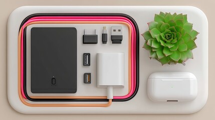 A top-down view of a charging station with cables, a succulent plant, and wireless earbuds. The composition is clean and modern, with a neutral background.