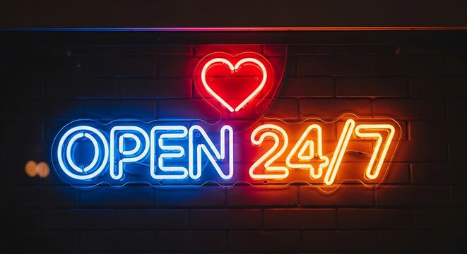 Vibrant neon sign displays open 24 7 with a glowing heart symbol above - Powered by Adobe