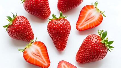 Fresh Red Strawberries Scattered on Clean White Background