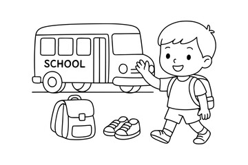 Happy Boy Waving Goodbye to School Bus with Backpack and Shoes Nearby