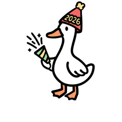 Funny cartoon geese celebrating New Year 2026. Vector illustration set of cute birds wearing party hats, holding sparklers, champagne, and clock. Isolated holiday characters.
