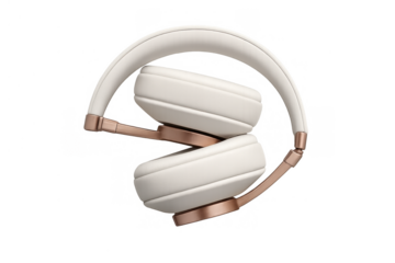 Elegant white and gold wireless headphones folded for compact storage on transparent background, modern audio technology concept