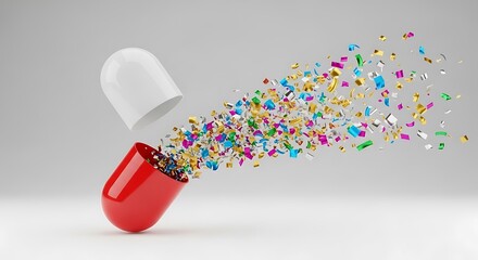 Explosion of colorful granules from a red and white pharmaceutical capsule