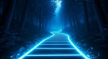 Enchanting neon blue pathway illuminated through a dark mysterious forest at night
