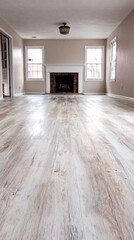 Fototapeta premium Bright living room with fireplace and hardwood floors in neutral tones and lighting