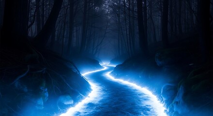 Enchanting glowing blue river winding through a dark mystical forest at night