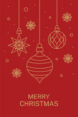 Luxury red Christmas poster vector template; Merry holiday greeting banner background; Gold Christmas ball decoration Line art
